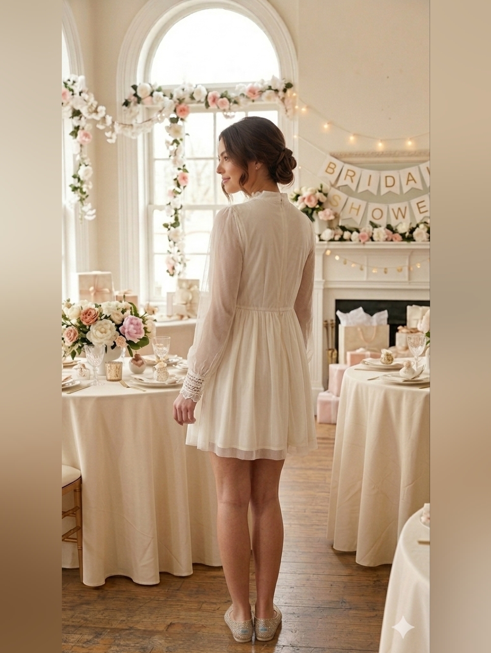 Umgee Size S Ivory Long Sleeved Chiffon Mini Dress - Picture 3 of 10